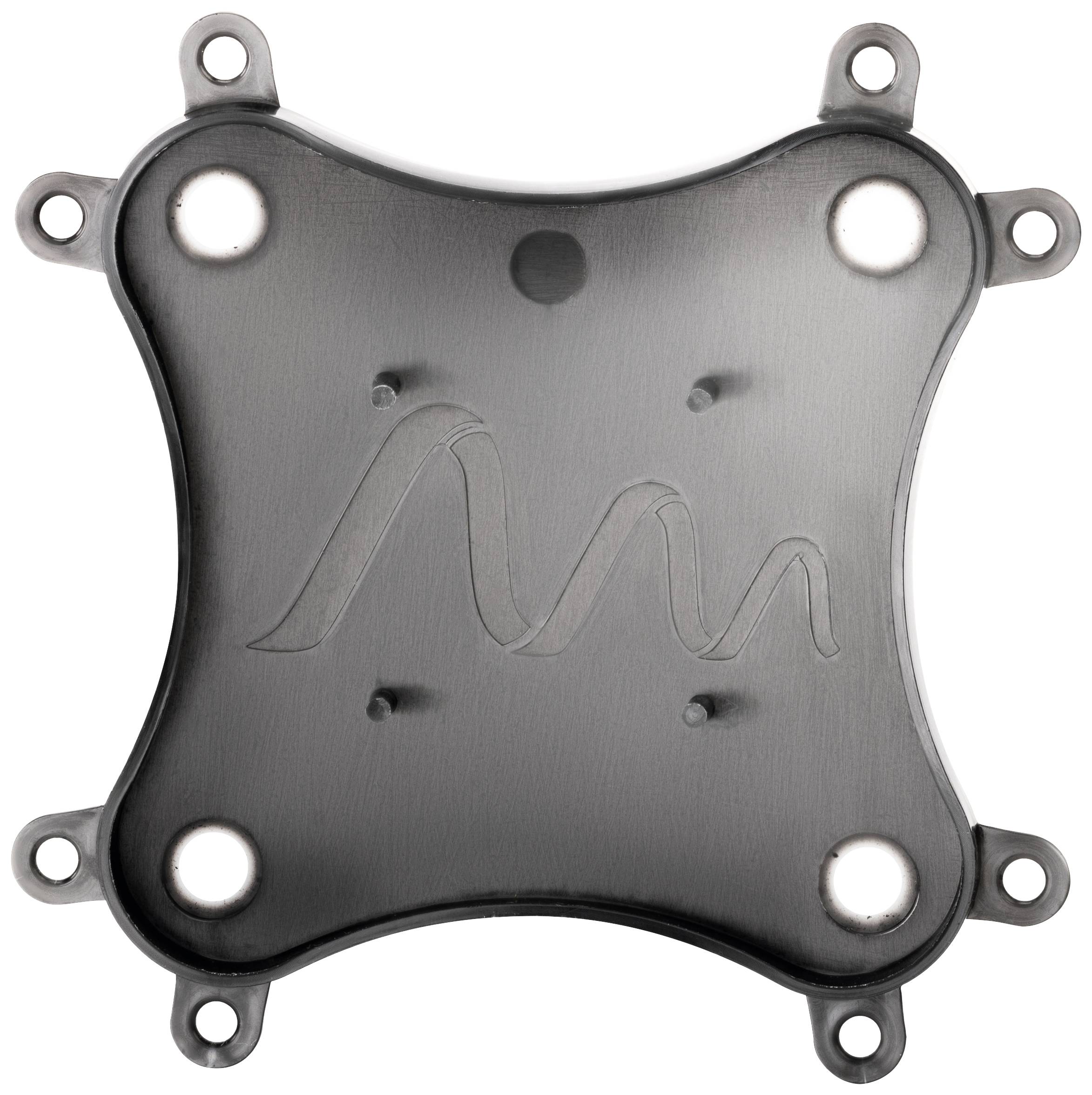 Schwarzes, quadratisches Metallstück mit vier abgerundeten Ecken und einem gravierten Symbol in der Mitte, umgeben von acht Befestigungslöchern.