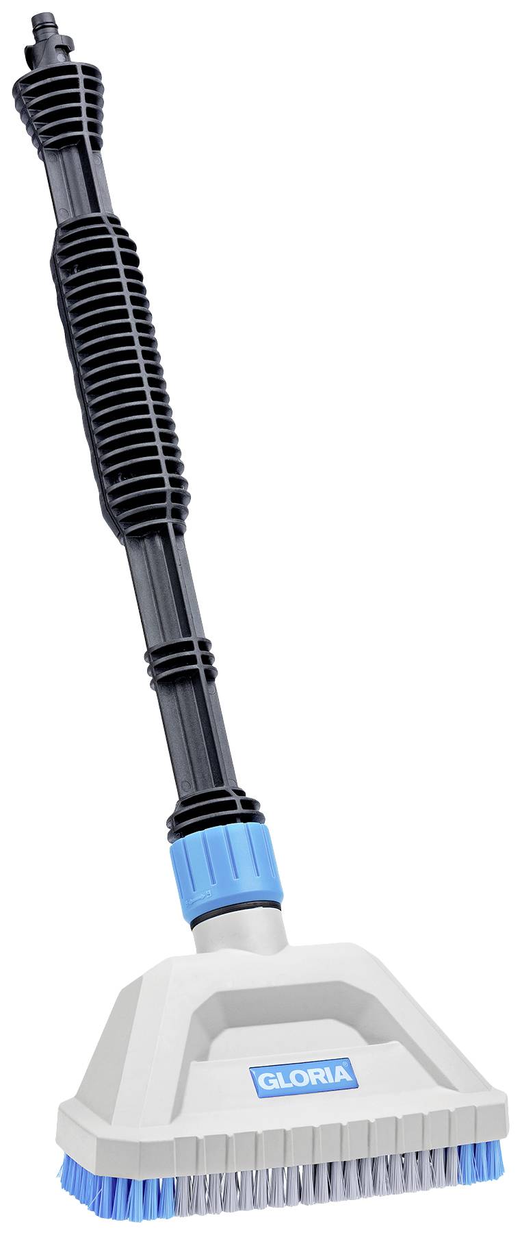 Eine Handbürste mit langem Griff und blauen Borsten. Der Griff hat eine strukturierte Oberfläche für besseren Halt.