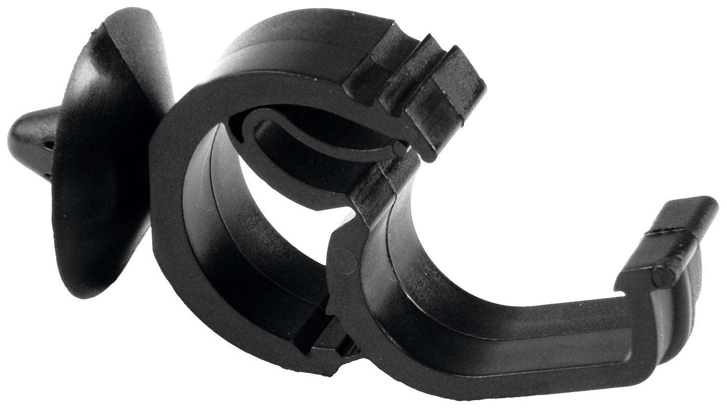 Schwarzes Kunststoffkabelhalter mit Hakenform, ideal zum ordentlichen Befestigen von Kabeln oder Drähten an Wänden oder Oberflächen.