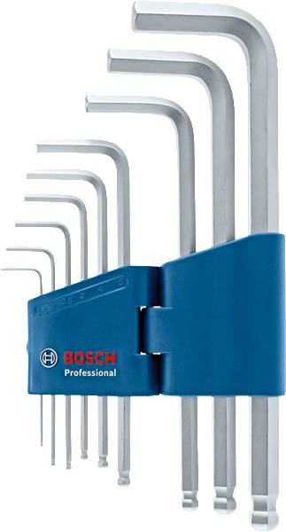 Neunteiliger Satz von Inbusschlüsseln in unterschiedlicher Größe in einer blauen Halterung, mit dem Logo 'Bosch Professional'.