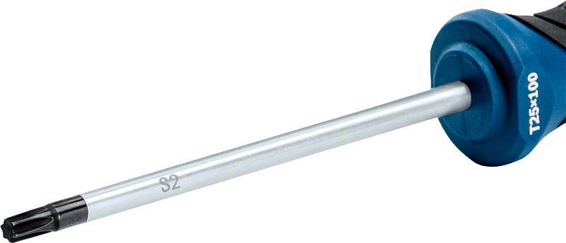 Ein Schraubendreher mit Torx-Kopf und blauem Griff. Auf dem Griff steht 'T25x100' und 'S2' auf der Welle des Schraubendrehers.