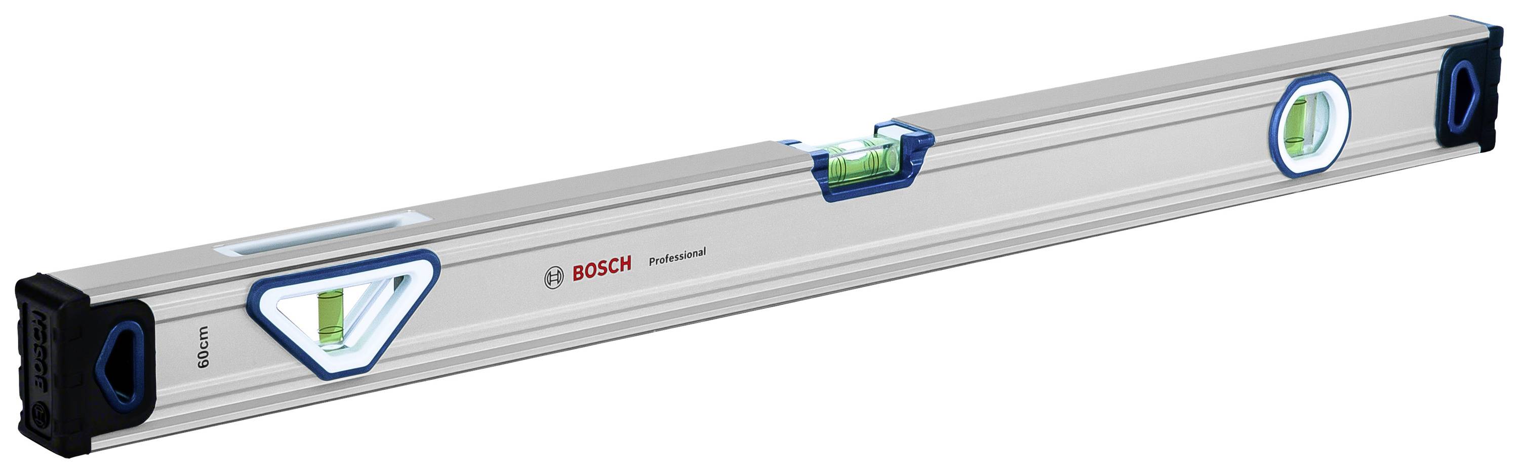 'Bosch' Aluminium-Wasserwaage mit drei Libellen für horizontale und vertikale Ausrichtung.