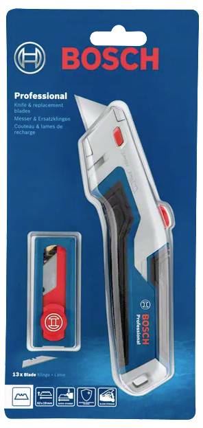 Ein Bosch Professional Universalmesser mit Ersatzklingen in der Verpackung. Das Messer verfügt über eine einziehbare Klinge und ein ergonomisches Griffdesign.
