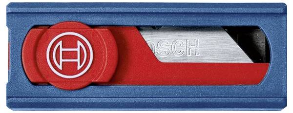 Ein blau-roter Cuttermesser mit einem sichtbaren 'Bosch' Logo auf der Metallklinge.