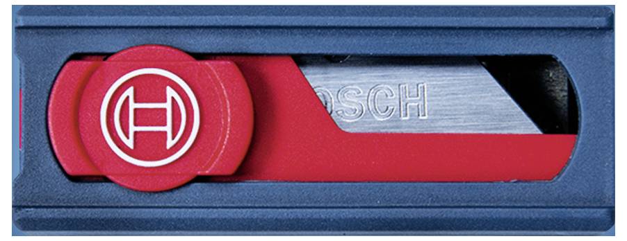 Ein rot-blauer Cutter mit eingezogener Klinge, auf der 'BOSCH' eingraviert ist. Ein rundes Logo befindet sich links.