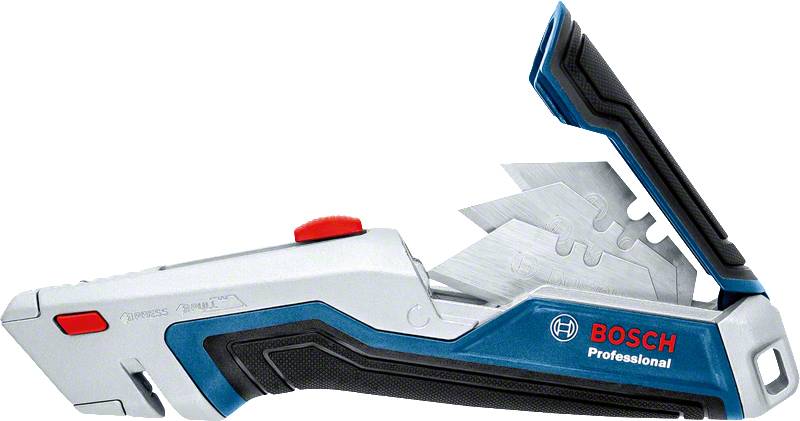 Ein silbernes Klappmesser mit schwarzem Griff, blauem Akzent und rotem Knopf. Markenlogo 'Bosch Professional' rechts sichtbar.