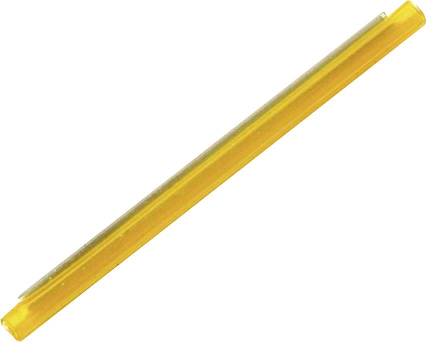 Ein langer, dünner, gelber Kunststoffstab, horizontal ausgerichtet auf weißem Hintergrund.