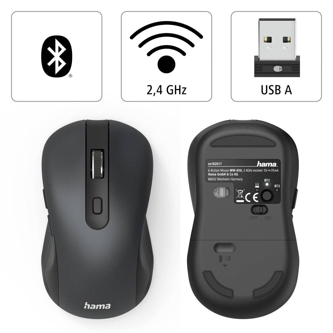 Hama MW-650 Maus Bluetooth®, Funk Optisch Schwarz 6 Tasten 2400 dpi