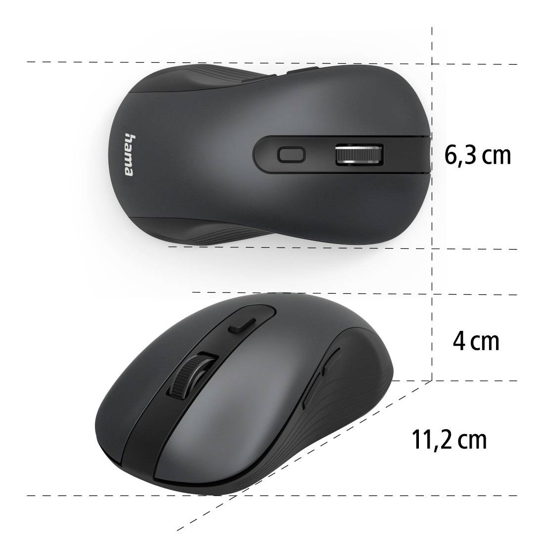 Kabellose optische Maus von Hama in Schwarz. Oben Ansicht mit Scrollrad, unten seitliche Ansicht. Maße: 6,3 cm, 4 cm, 11,2 cm.