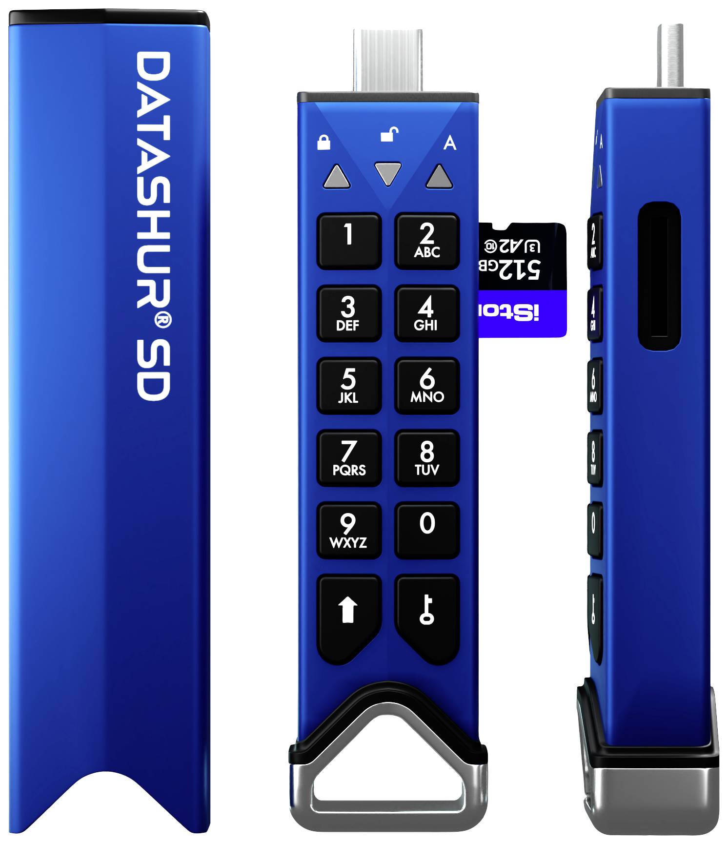 Drei Ansichten eines blauen USB-Sticks mit Tastatur und eingelegter SD-Karte, Produktname 'Datashur SD'.