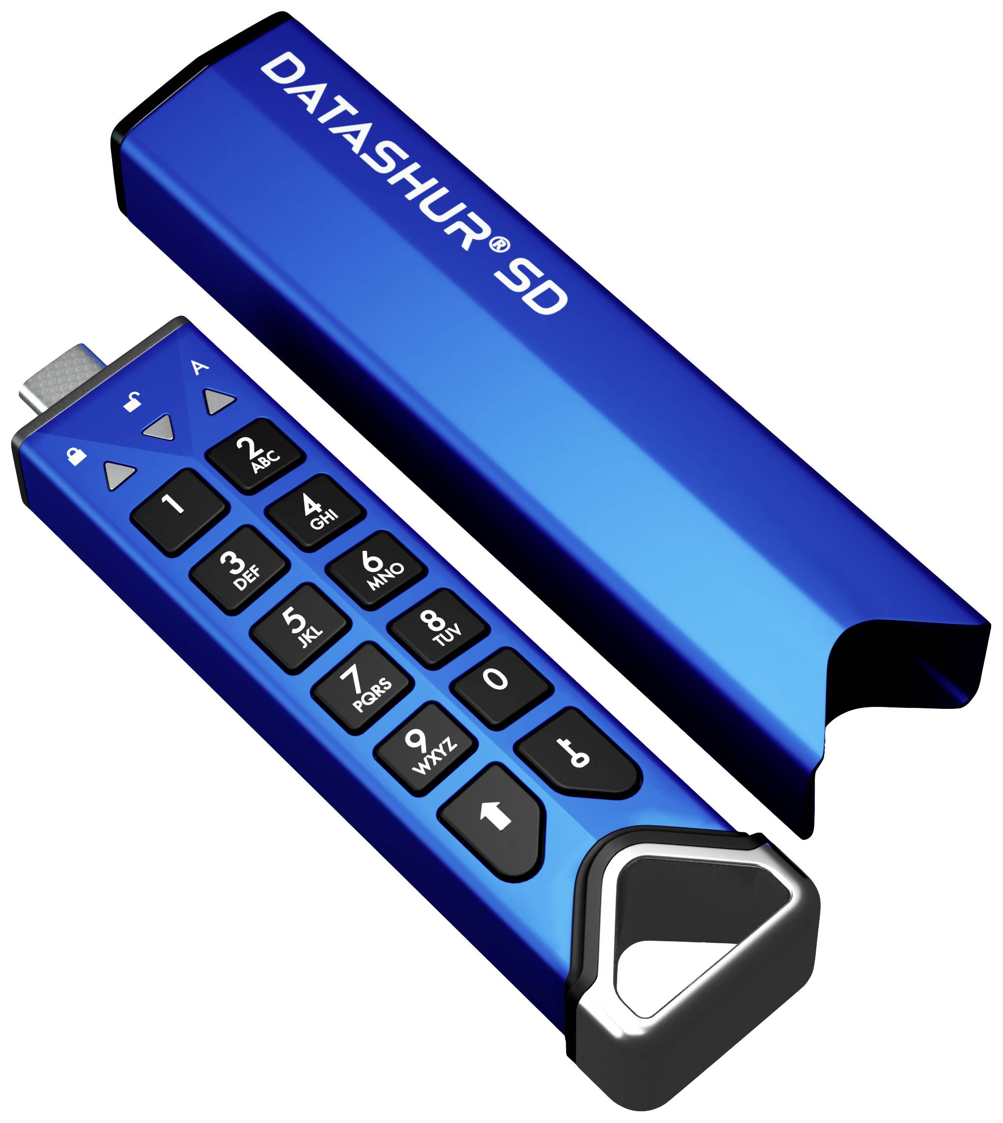 Ein blaues USB-Stick mit Zahlen-Tasten zur Eingabe von PINs für Datensicherheit. Steckverbinder und Schutzhülle sichtbar.