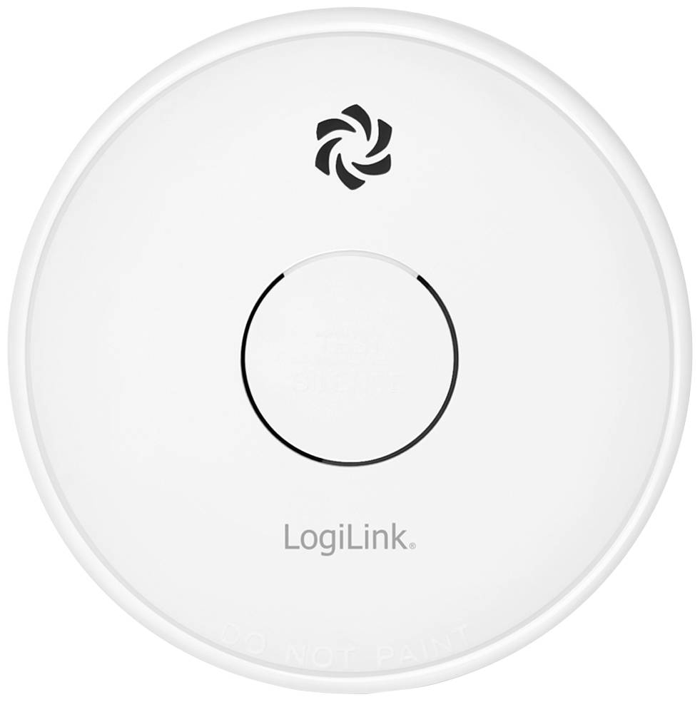 Runder Rauchmelder mit zentralem Knopf, der mit 'LogiLink' beschriftet ist. Ein Pfeilsymbol zeigt oben an.