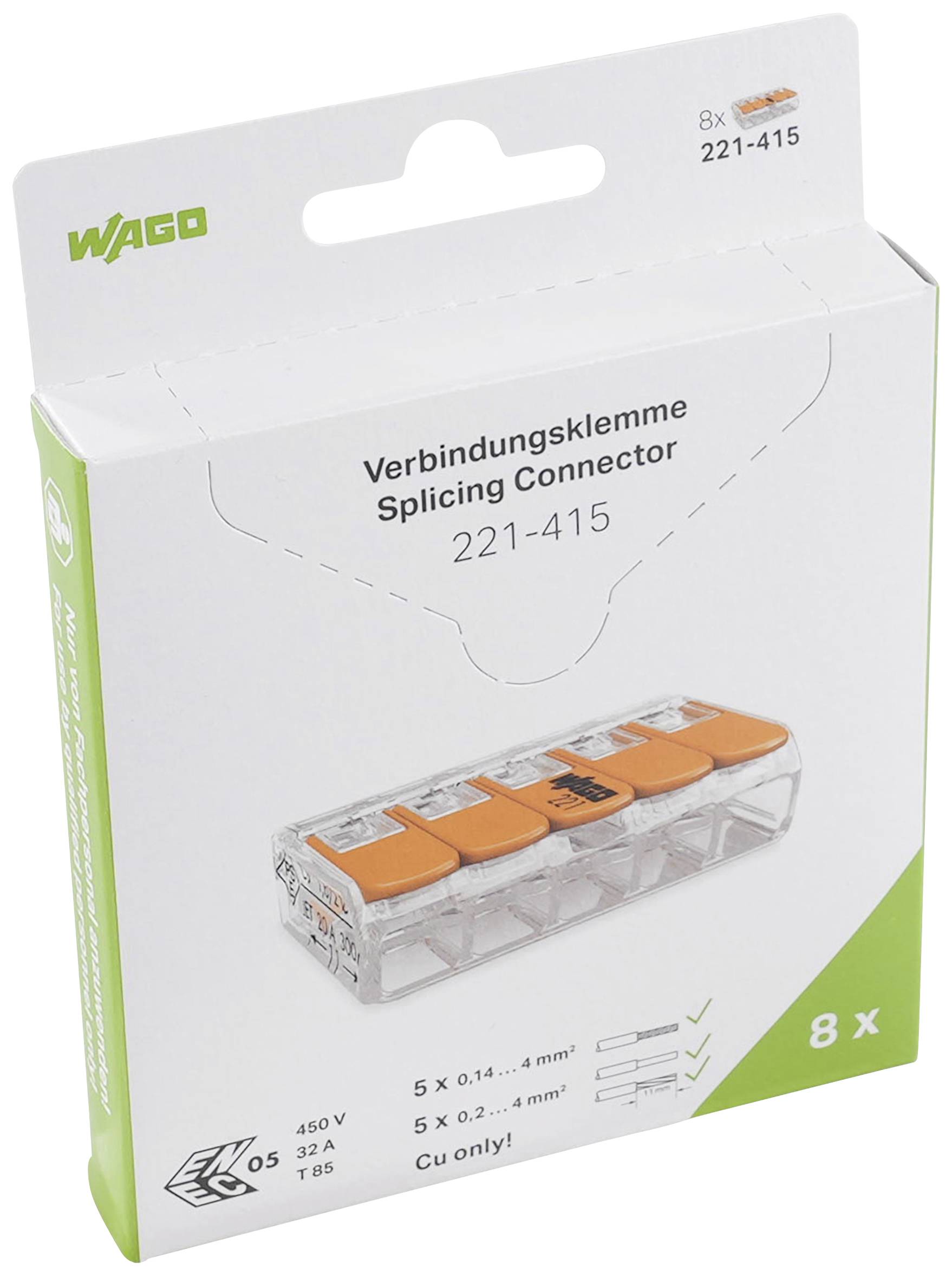 WAGO 221-415/996-008 221 Verbindungsklemme flexibel: 0.14-4 mm² starr: 0.2-4 mm² Polzahl: 5 8 St. Transparent, Orange