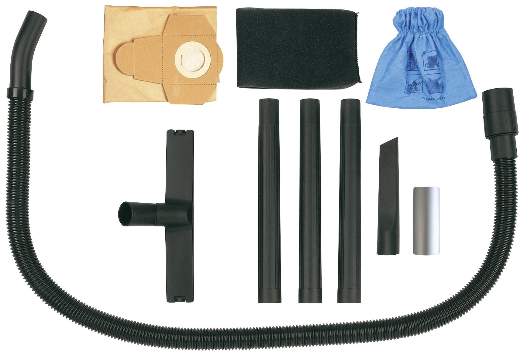 Staubsaugerzubehör: Ein flexibler Schlauch, verschiedene Adapteraufsätze, Ersatzbeutel, Schaumstofffilter und ein blauer Staubbeutel.