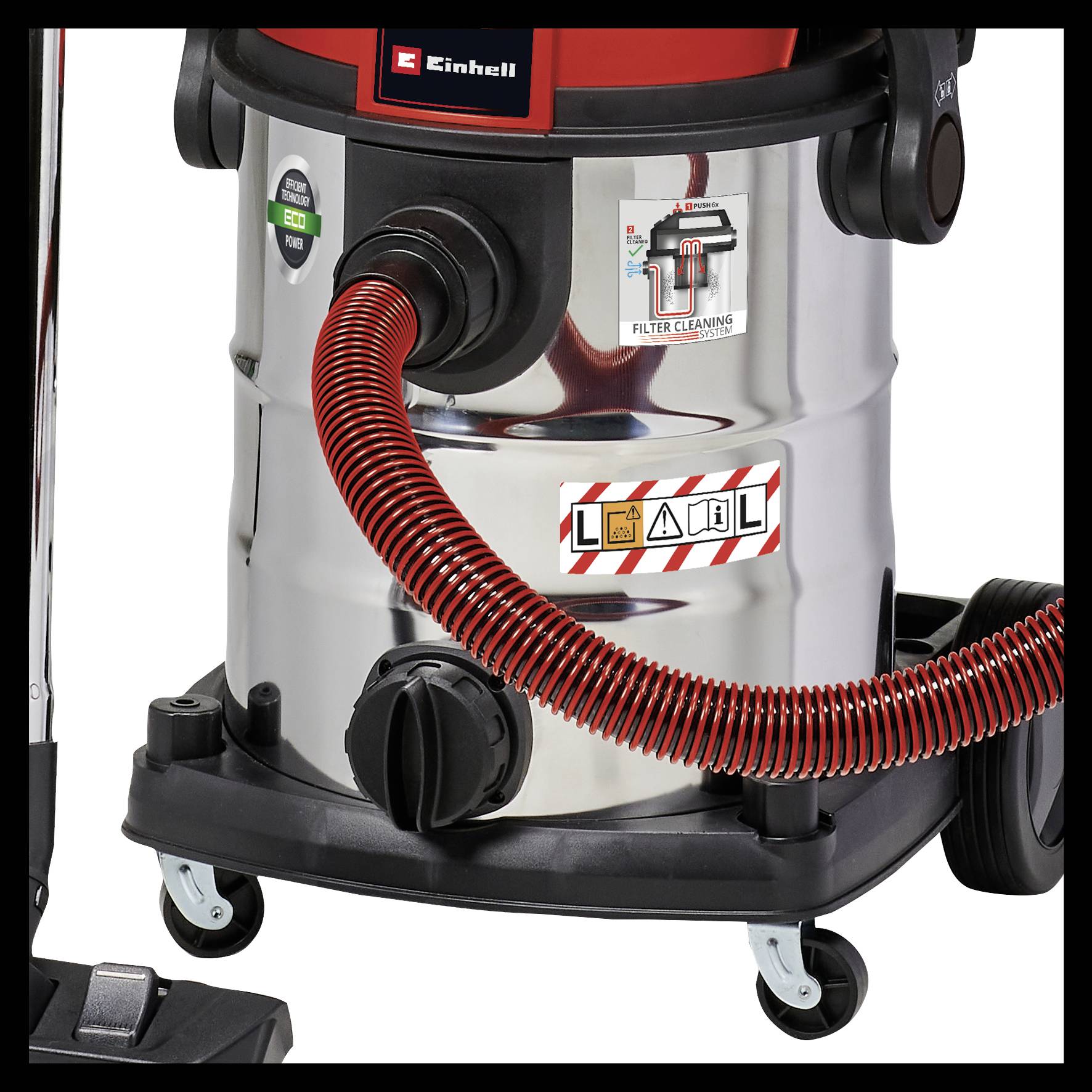 Industriesauger mit rotem Schlauch und Warnaufklebern auf Metallkorpus. Ausstattung: Rollen für Mobilität, Saugkraftregler.