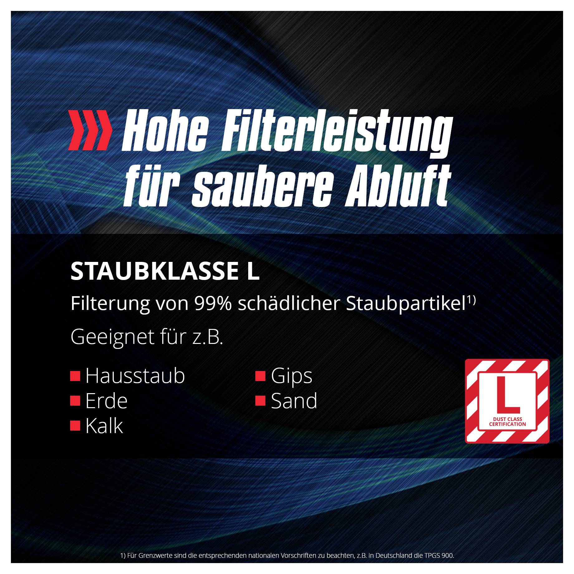 Hohe Filterleistung für saubere Abluft. Staubklasse L: Filterung von 99% schädlicher Staubpartikel. Geeignet für: Hausstaub, Erde, Kalk, Gips, Sand.