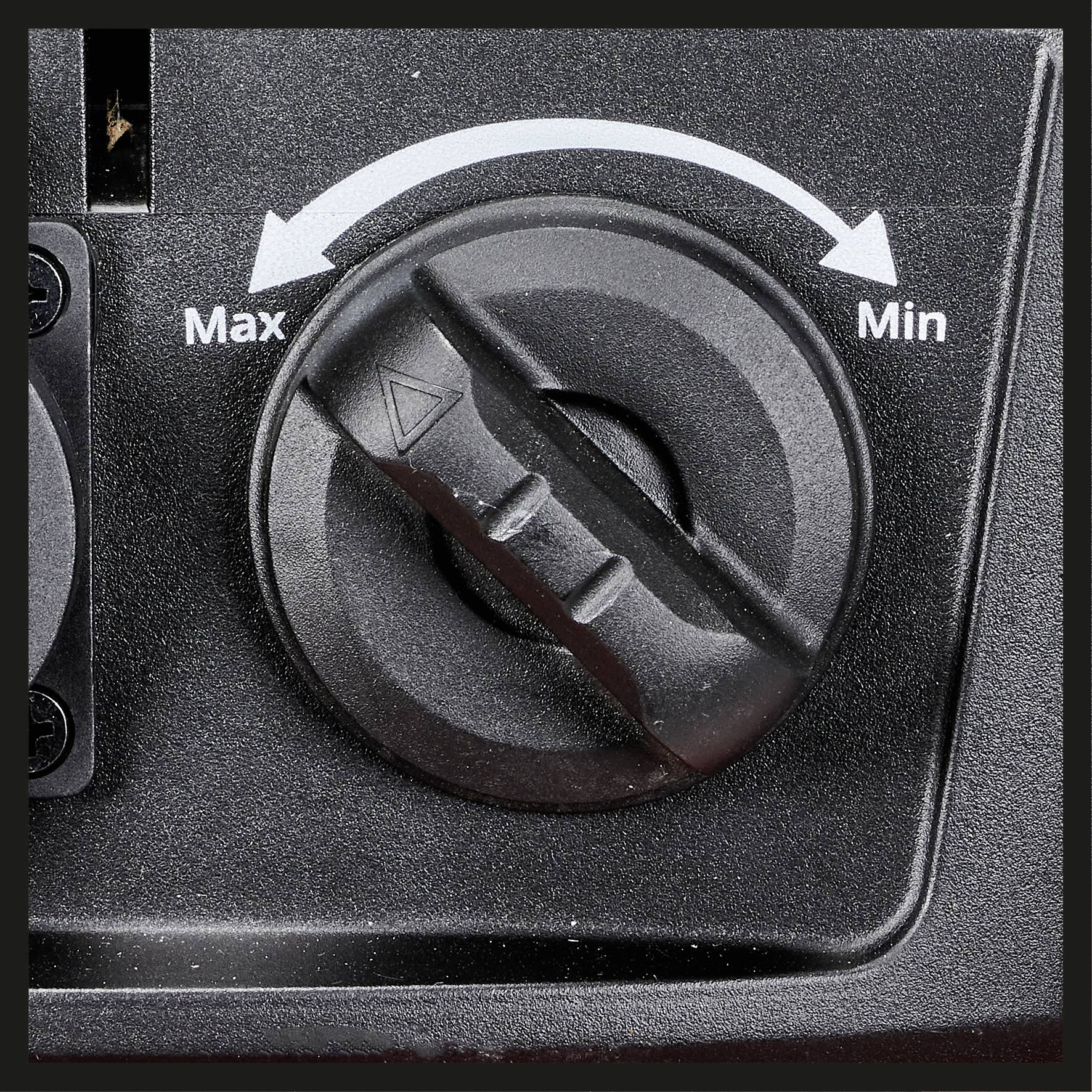 Drehknopf mit Markierungen 'Max' und 'Min' und Pfeil in beide Richtungen, weist auf einstellbare Funktion wie Lautstärke hin.