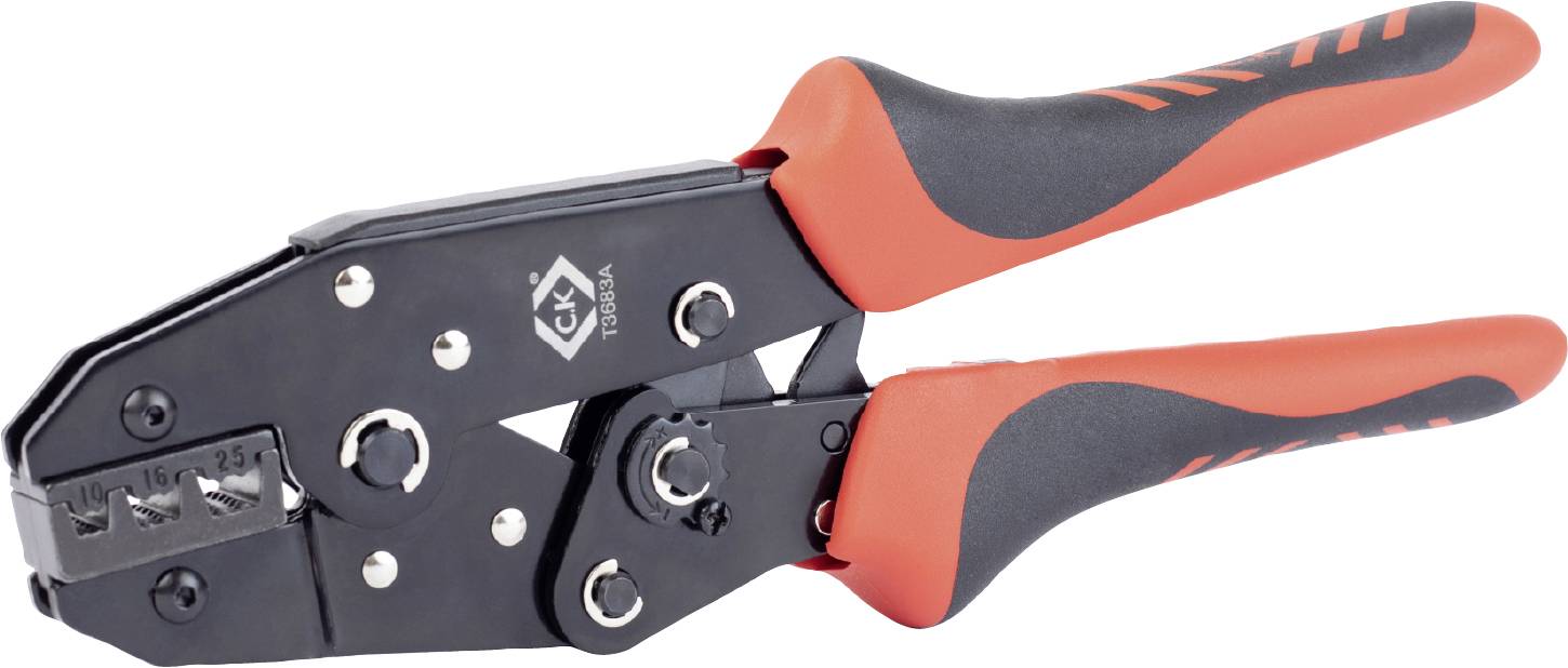 Hand-Crimper-Werkzeug mit schwarzem Metallkopf und orangem Griff, geeignet zum Crimpen von Kabeln oder Steckern in Elektroarbeiten.