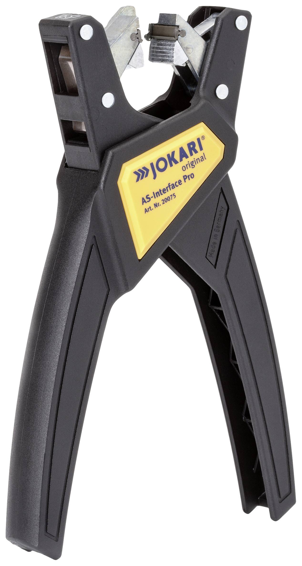 Eine automatische Abisolierzange der Marke Jokari, Modell AS-Interface Pro, schwarz mit gelbem Etikett, zum Drähte abisolieren.