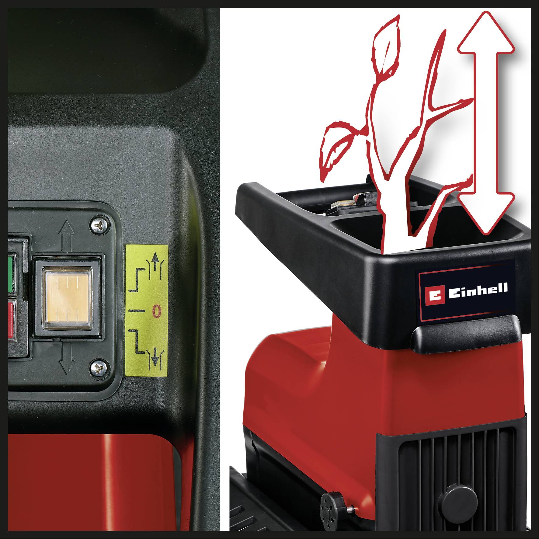 Roter Einhell Häcksler mit Ein-/Ausschalter links, darüber Symbol für Zweige, zeigt Betriebszustand an, für Gartenabfälle.