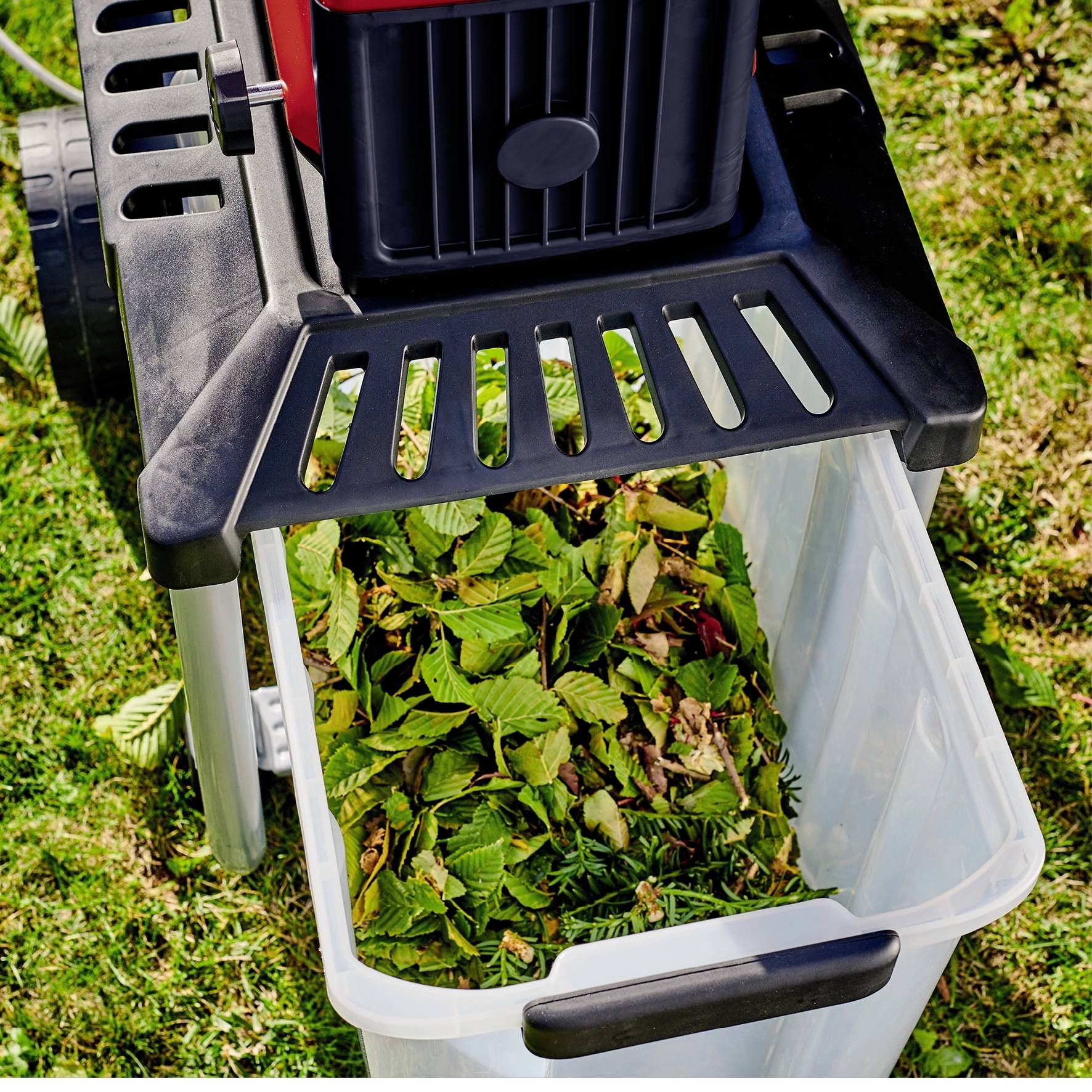 Eine elektrische Gartenhäcksler-Maschine zerkleinert Zweige und Blätter. Auffangbehälter ist halb gefüllt mit zerkleinertem Material.