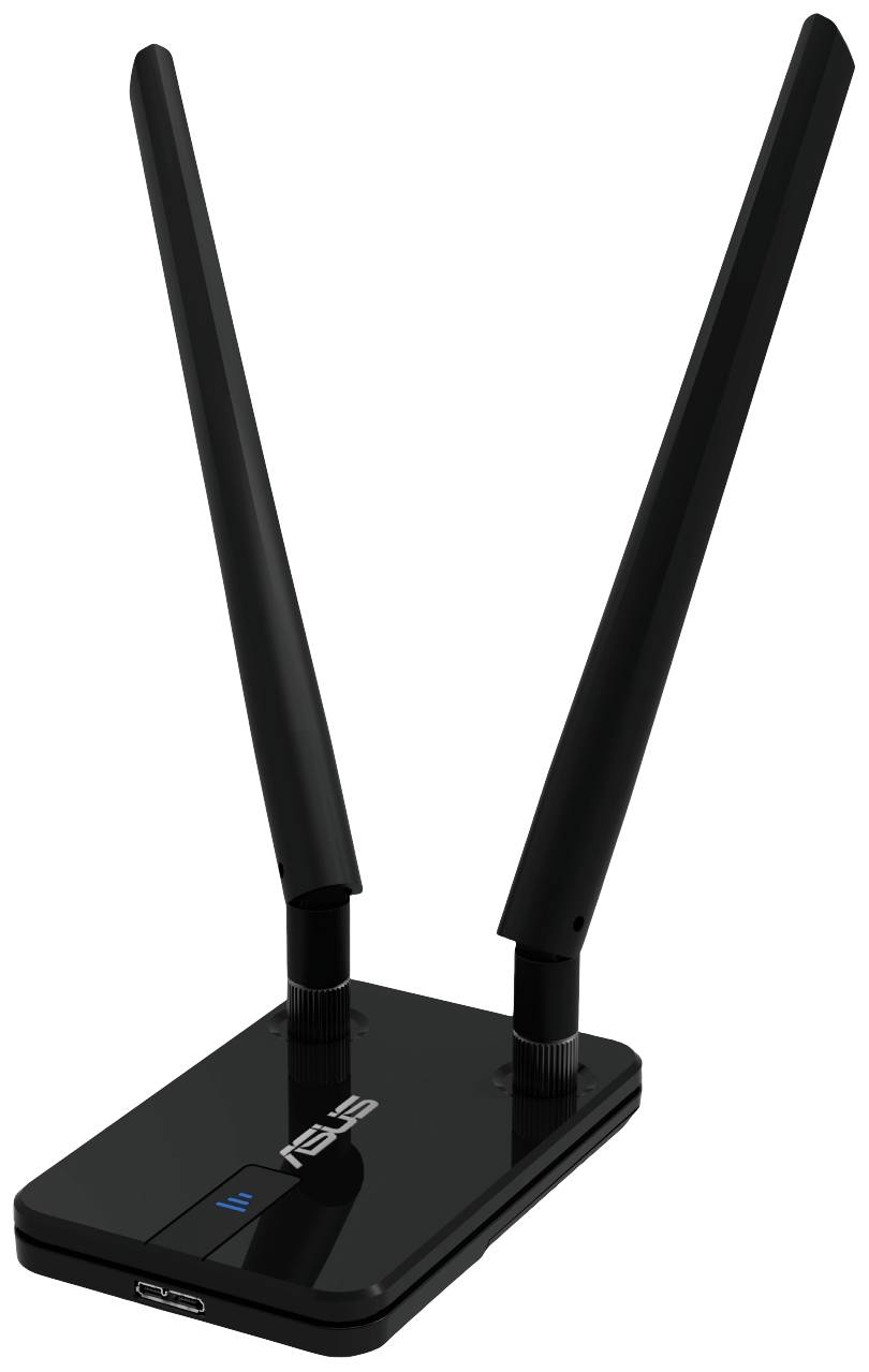 Schwarze WLAN-Antenne mit zwei langen Antennen, die aufrecht stehen; USB-Anschluss und Statusanzeige auf der Vorderseite.