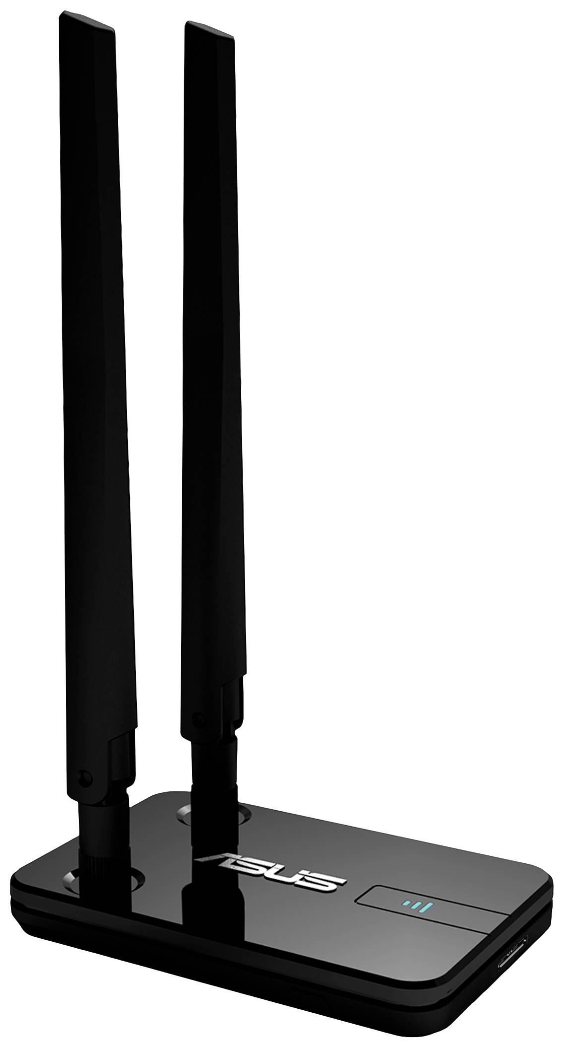 Ein schwarzer WLAN-Router mit zwei vertikalen Antennen der Marke Asus, geeignet zur Erweiterung der kabellosen Netzwerkreichweite.