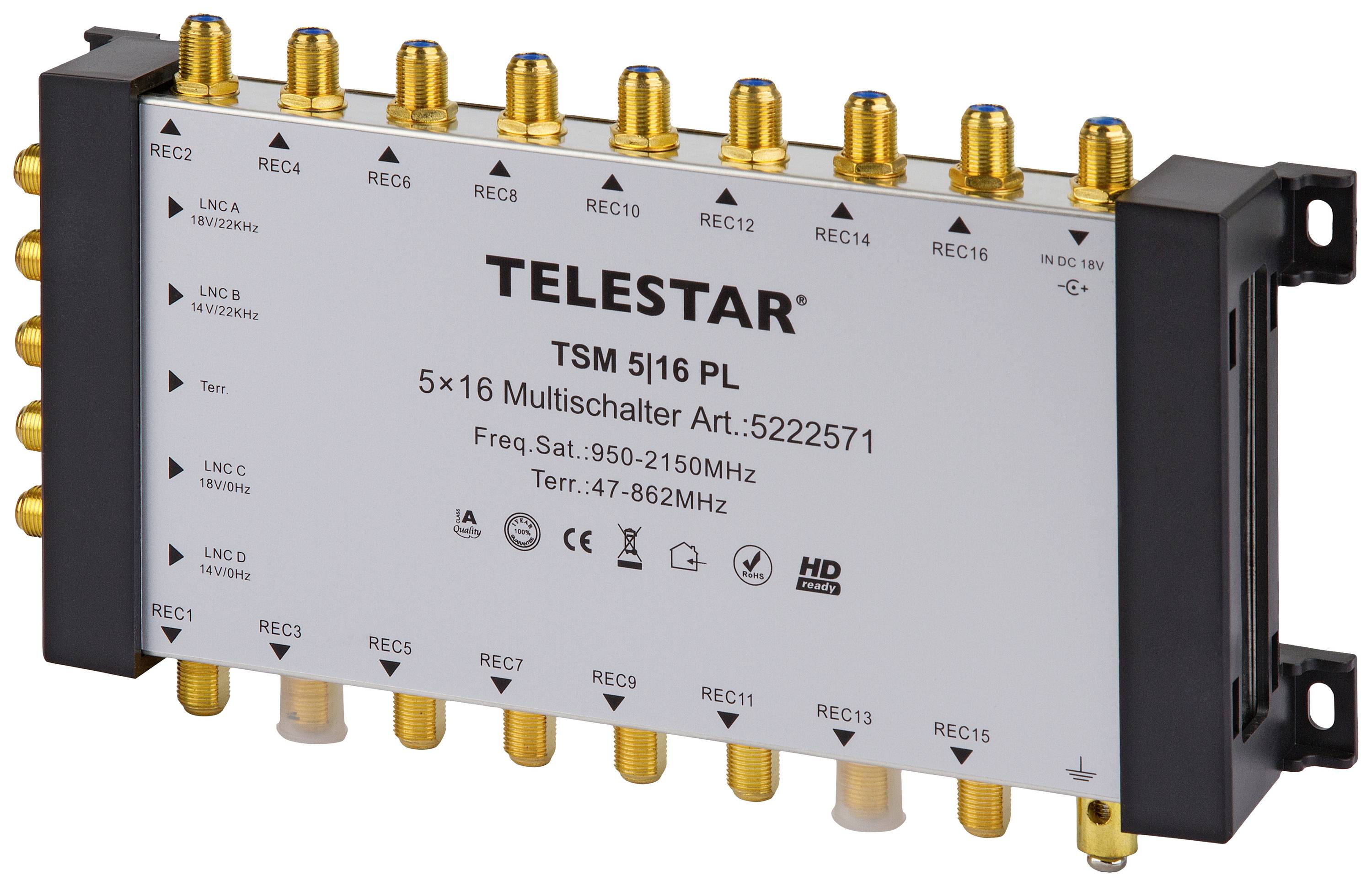 Telestar TSM 5/16 Premium Line SAT Multischalter Eingänge (Multischalter): 5 (4 SAT/1 terrestrisch) Teilnehmer-Anzahl: 16