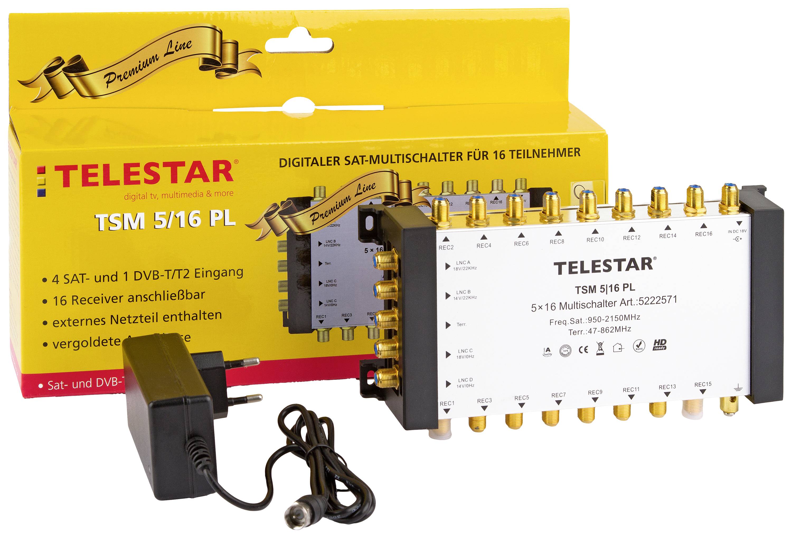 Telestar TSM 5/16 Premium Line SAT Multischalter Eingänge (Multischalter): 5 (4 SAT/1 terrestrisch) Teilnehmer-Anzahl: 16