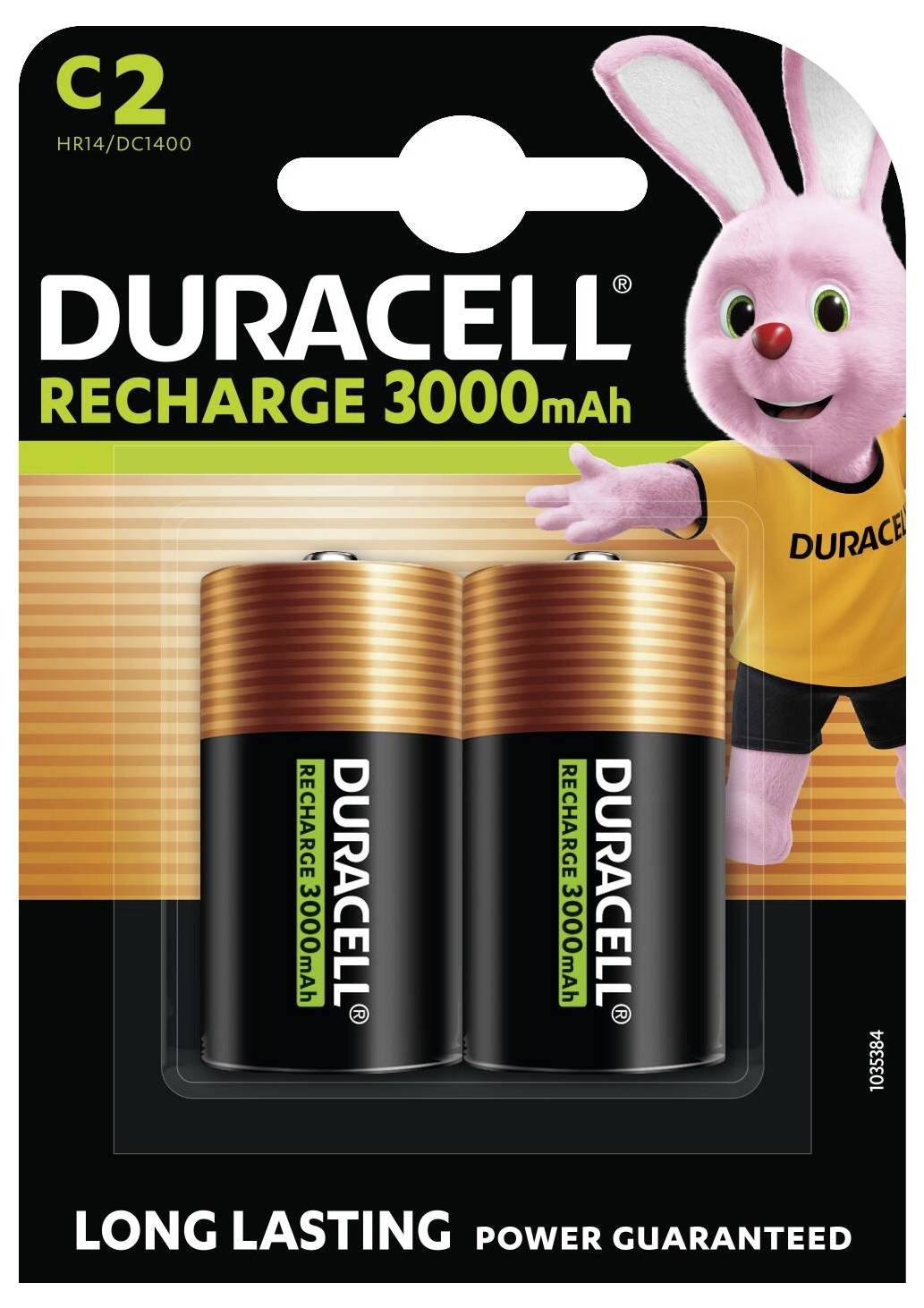 Das Bild zeigt eine Packung mit zwei wiederaufladbaren Duracell-C2-Batterien mit der Bezeichnung „Recharge 3000mAh