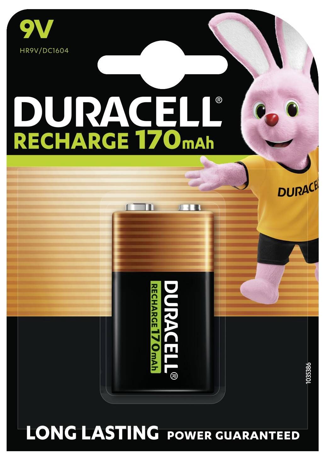 Verpackung einer Duracell Recharge 170mAh 9V-Batterie mit einer Cartoon-Hasenfigur in Pink oben rechts und dem Text „LANGE LEBENSDAUER GARANTIERT