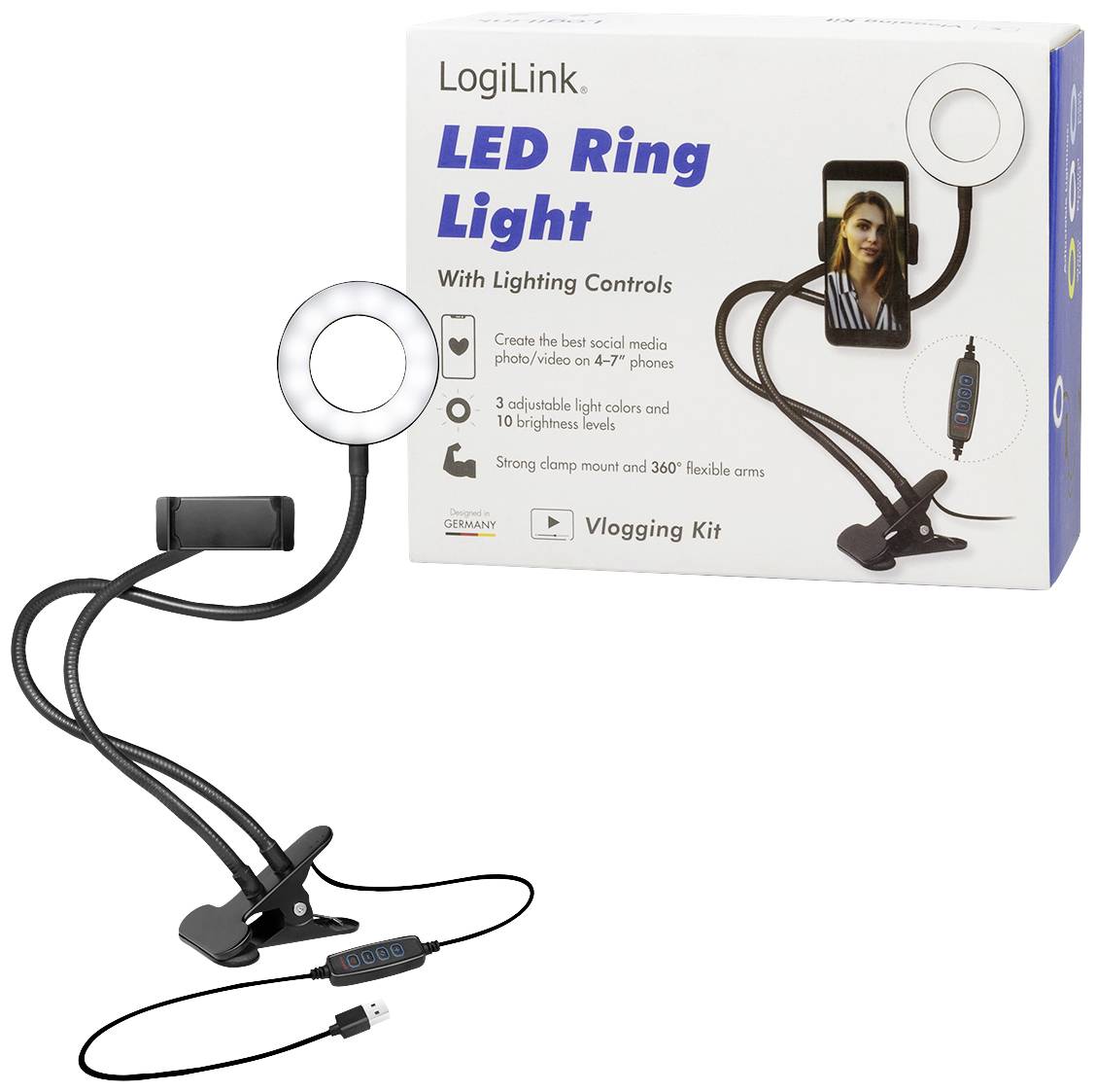 LogiLink Ring Light Ø 8,5 cm Lichtstativ EEK E (A - G) inkl. Smartphonehalter