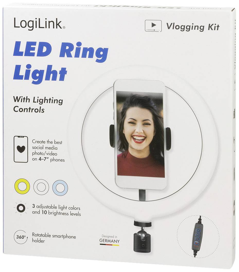 LogiLink Ring Light Ø 20 cm Lichtstativ EEK E (A - G) inkl. Smartphonehalter, Kugelkopf