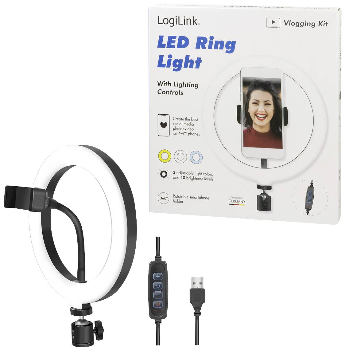 LogiLink Ring Light Ø 20 cm Lichtstativ EEK E (A - G) inkl. Smartphonehalter, Kugelkopf