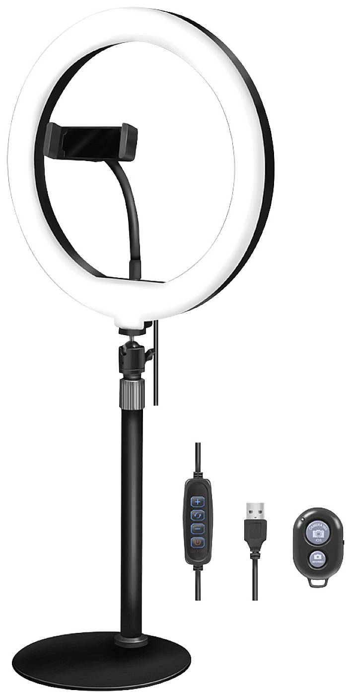 LogiLink Ring Light Ø 25 cm Lichtstativ EEK E (A - G) inkl. Smartphonehalter, Integriertes Stativ, Kugelkopf