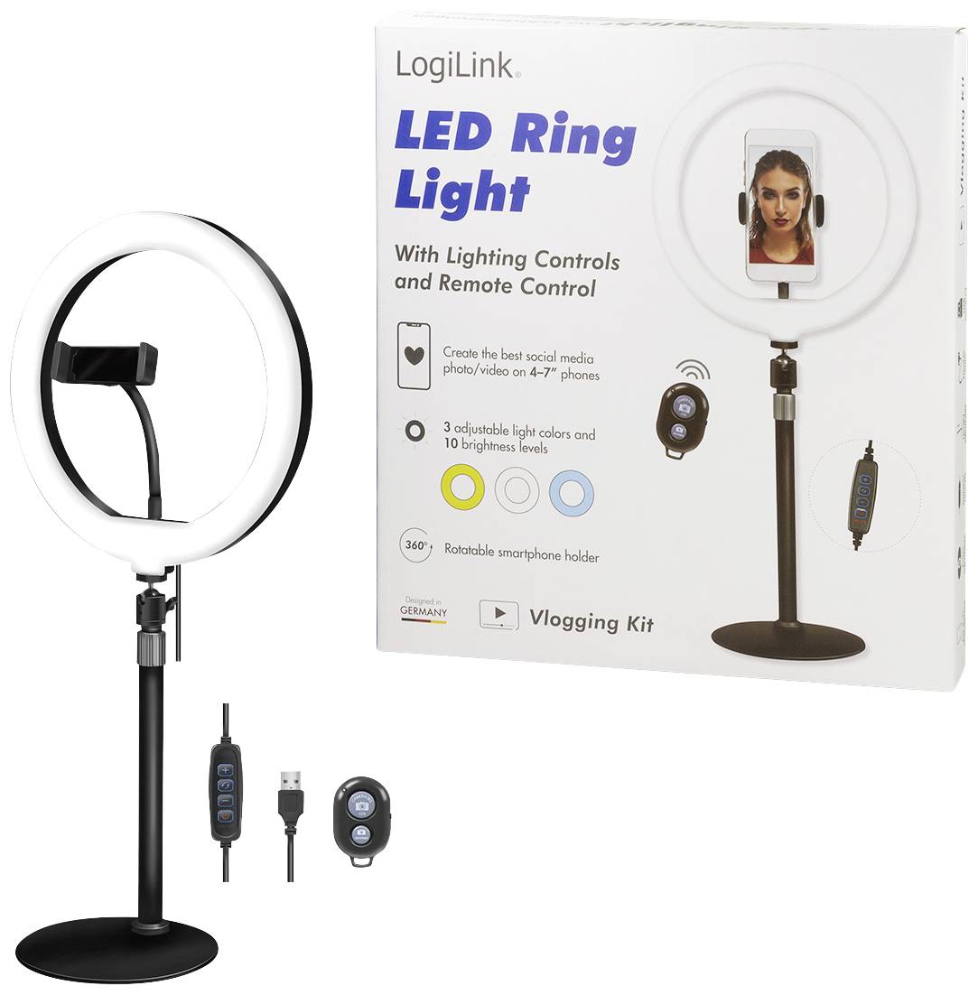 LogiLink Ring Light Ø 25 cm Lichtstativ EEK E (A - G) inkl. Smartphonehalter, Integriertes Stativ, Kugelkopf