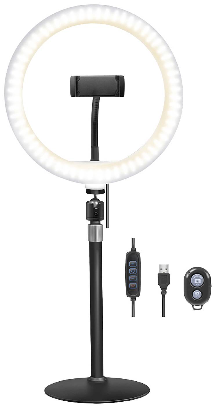 LogiLink Ring Light Ø 25 cm Lichtstativ EEK E (A - G) inkl. Smartphonehalter, Integriertes Stativ, Kugelkopf