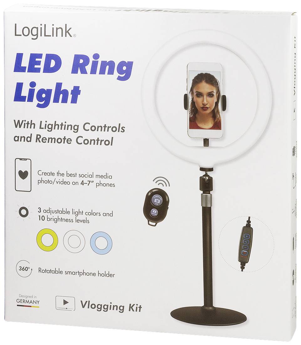 LogiLink Ring Light Ø 25 cm Lichtstativ EEK E (A - G) inkl. Smartphonehalter, Integriertes Stativ, Kugelkopf