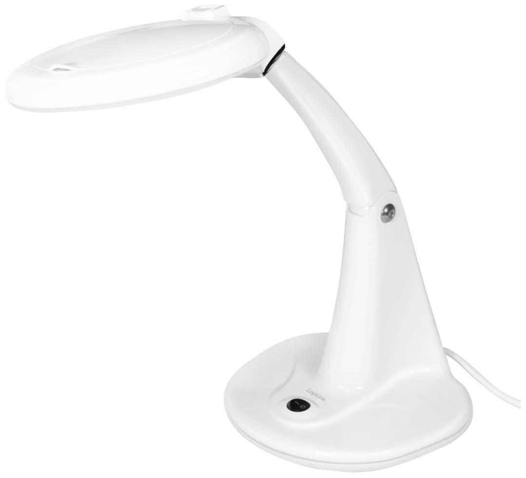 Weiße Schreibtischlampe mit gebogenem Arm und ovalem Lampenkopf, auf einem stabilen Sockel stehend, mit Kabel an der Rückseite.