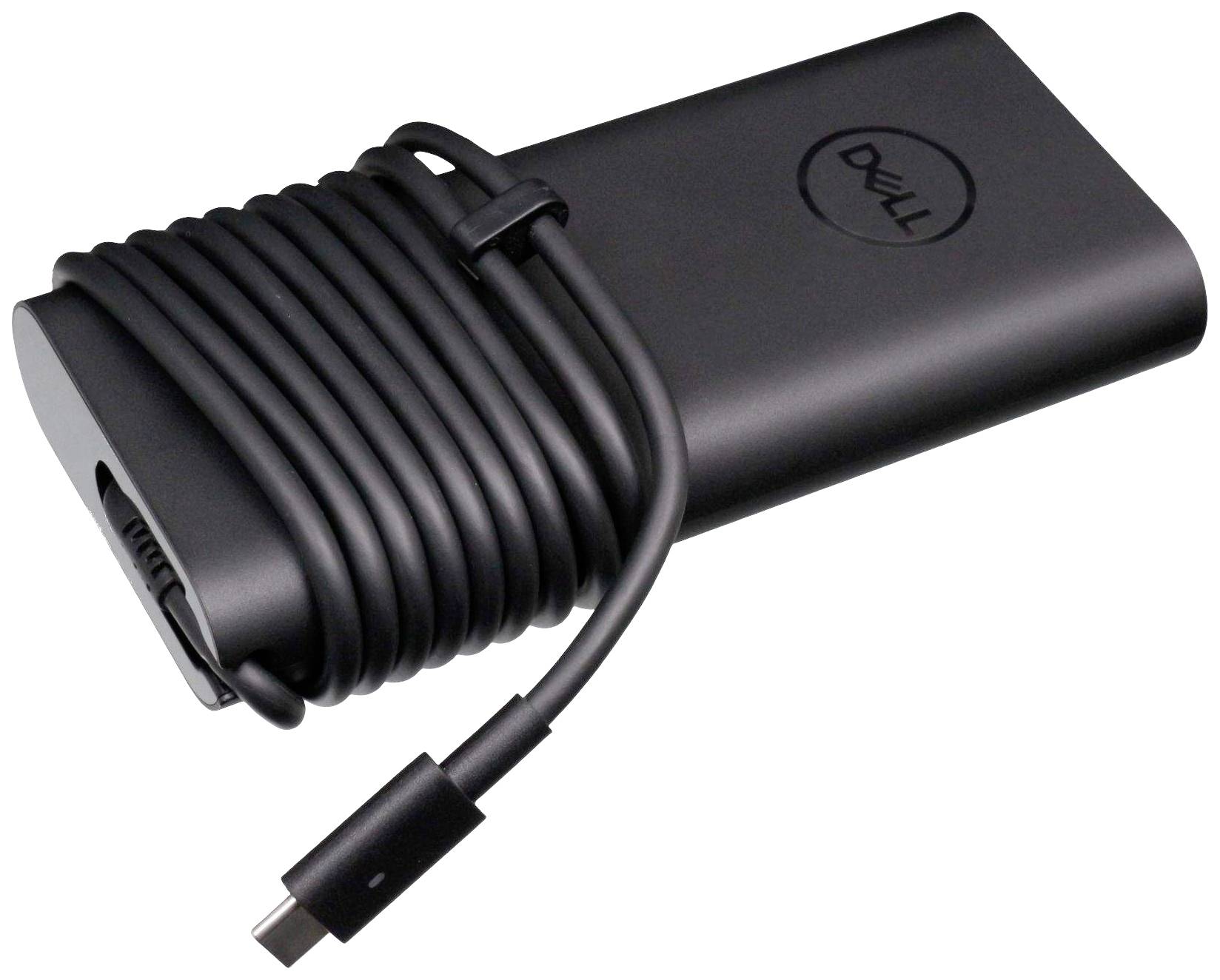 Ein schwarzes Laptop-Netzteil mit aufgerolltem Kabel und USB-C-Stecker. Das Dell-Logo ist auf dem Gehäuse sichtbar.