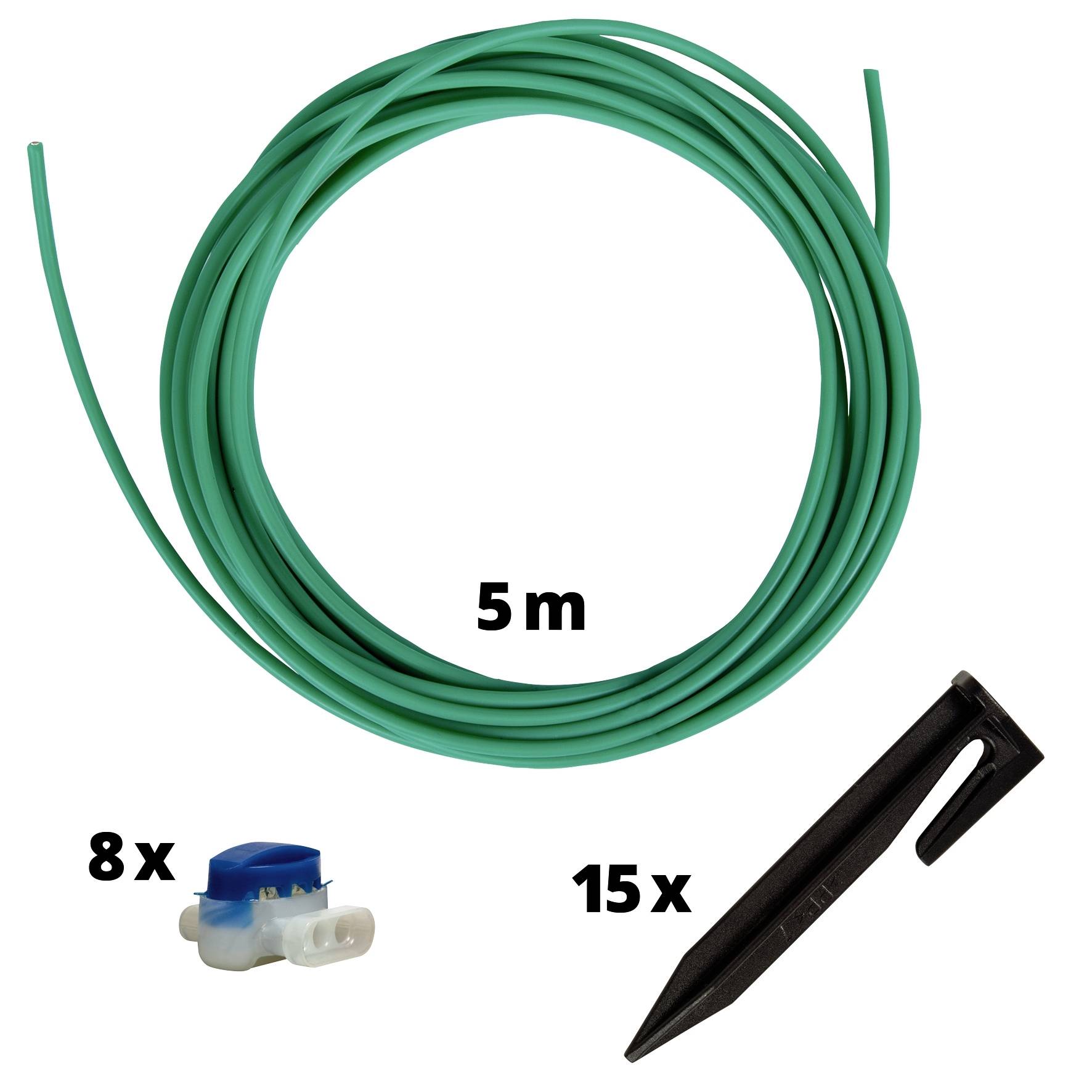 Bild zeigt 5 Meter grünen Kabeldraht, 8 Kabelverbinder und 15 Erdspieße.