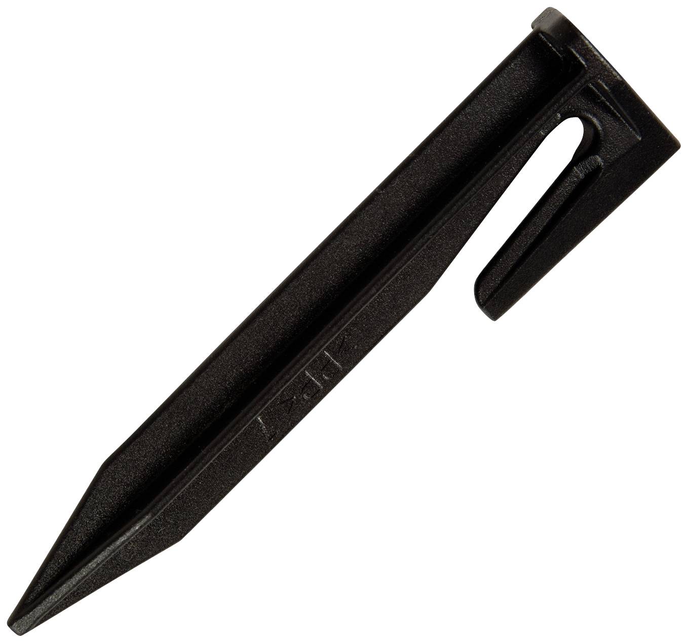 Ein schwarzer Plastik-Bodenanker in Form eines Pflocks mit einer Öffnung an einer Seite.