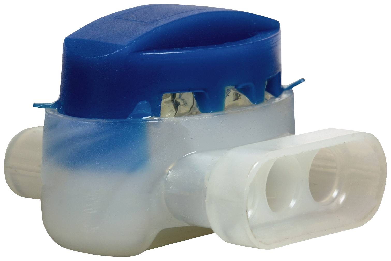 Ein blau-weißer Kunststoffschalter mit einem rechteckigen Gehäuse und hervorstehenden Anschlussstücken.