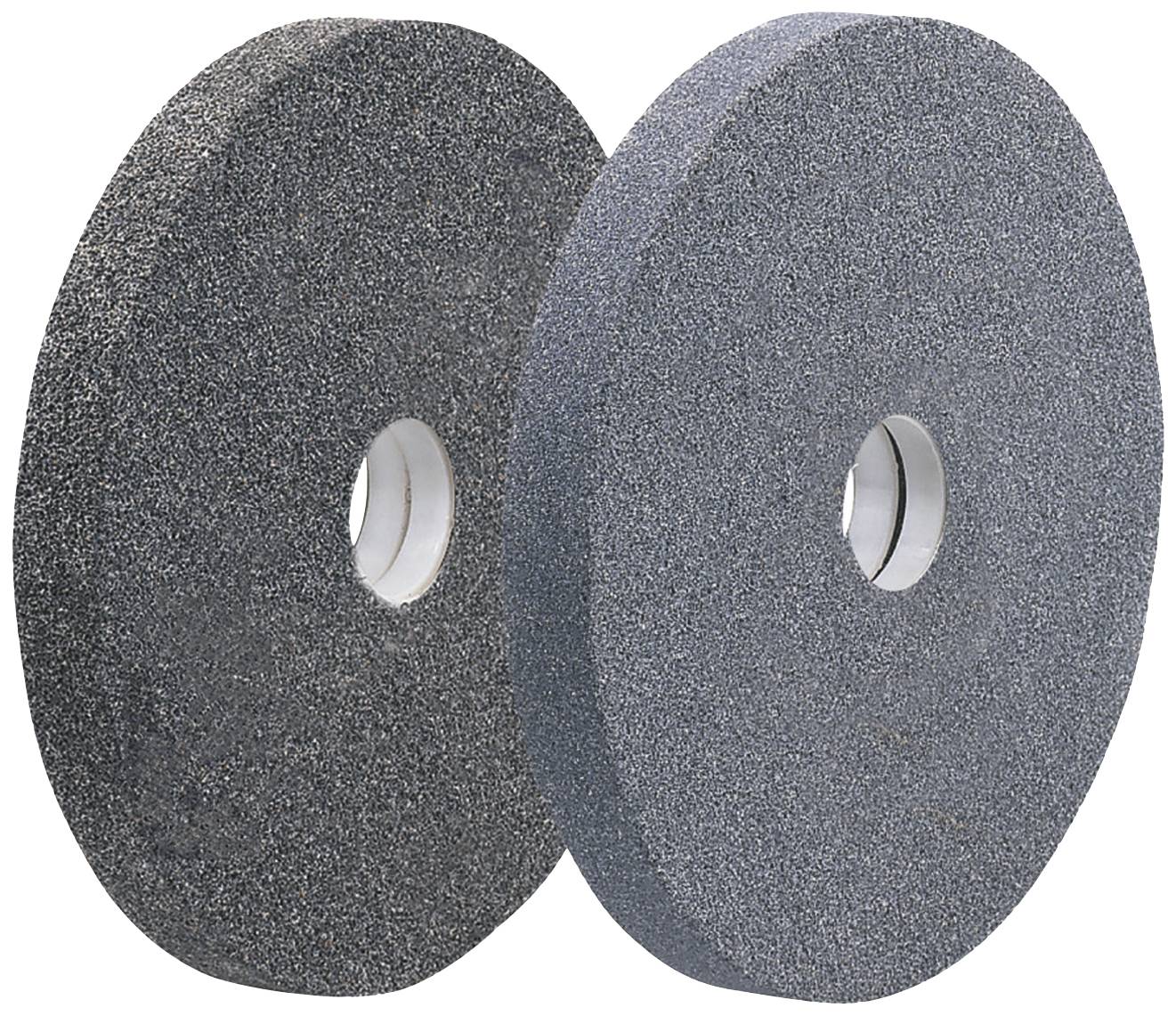 Zwei Schleifscheiben aus grobem Material, jeweils mit zentraler Öffnung. Eine ist dunkelgrau, die andere etwas heller.