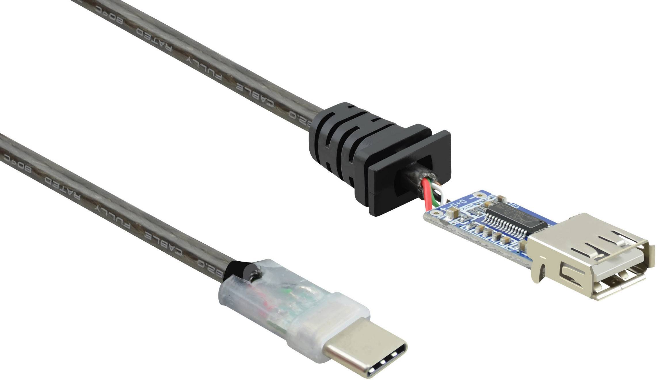 Ein USB-C-Adapterkabel mit offenem Ende und Schaltungskomponenten, geeignet für technische Reparaturen oder Modifikationen.