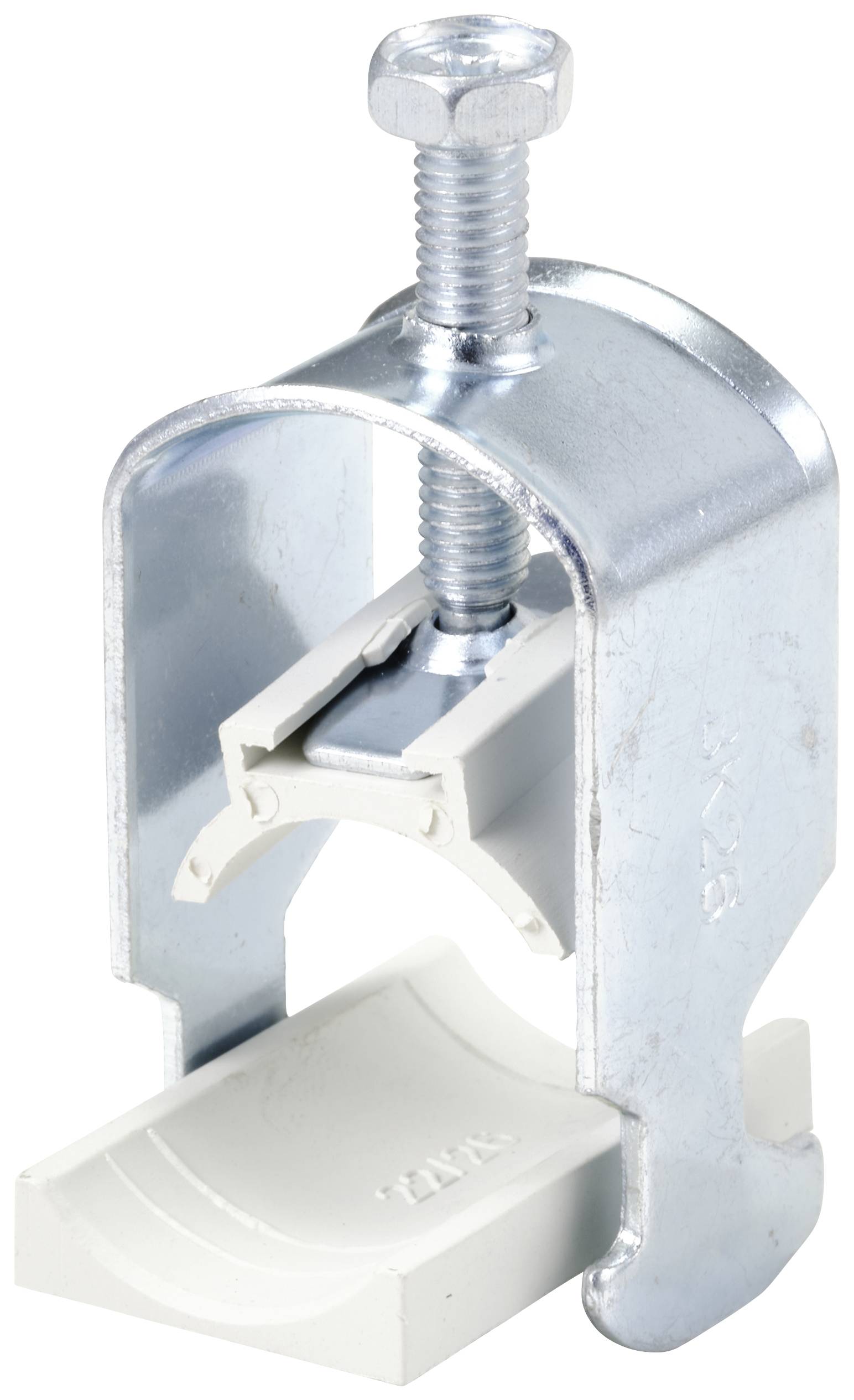 Metallklemme mit Schraube, geeignet für die Befestigung an strukturierten Oberflächen oder Rohren.