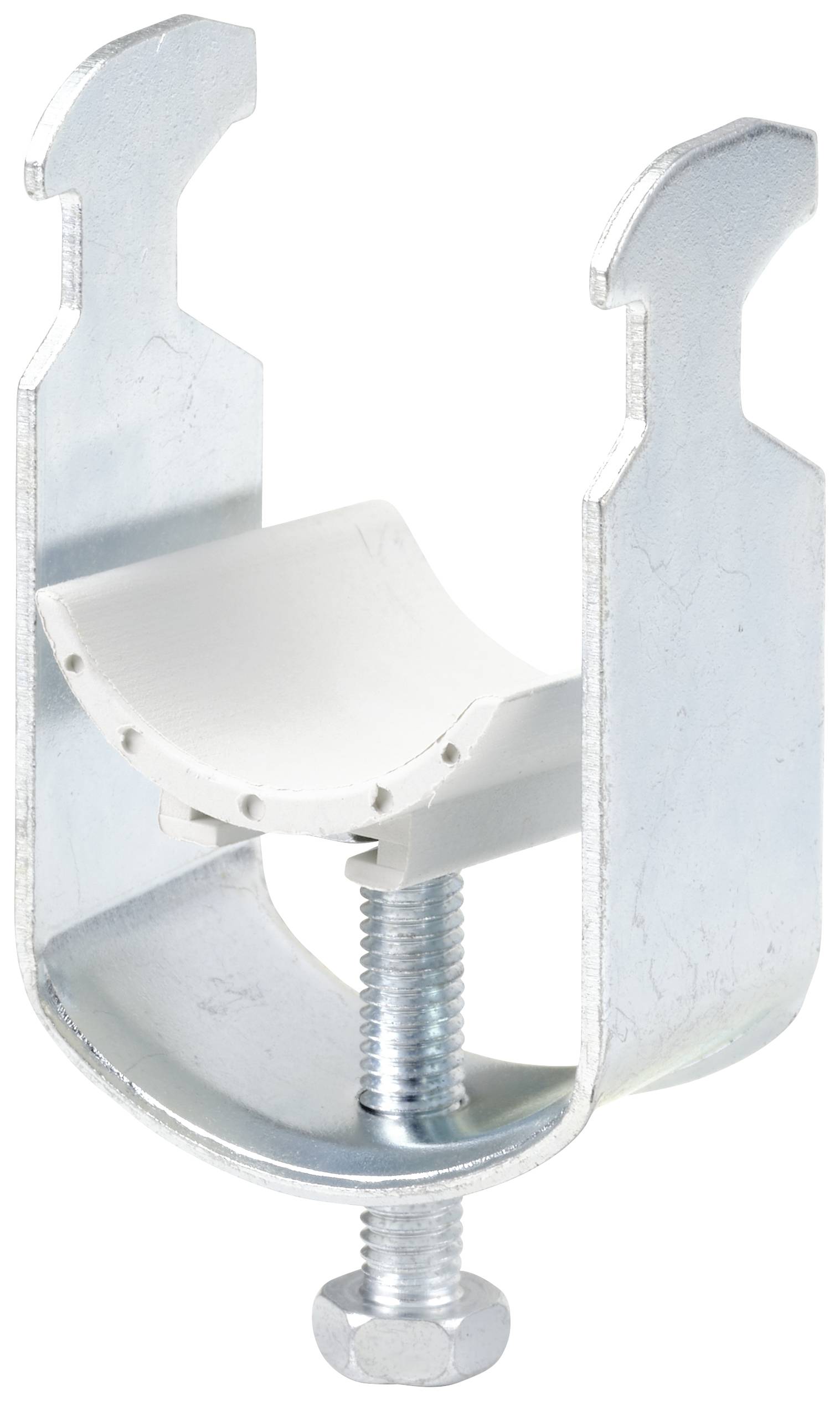 Metallhalterung mit Schraube, geeignet zur Befestigung von Rohren oder Kabeln. Silberne Farbe, robustes Design.