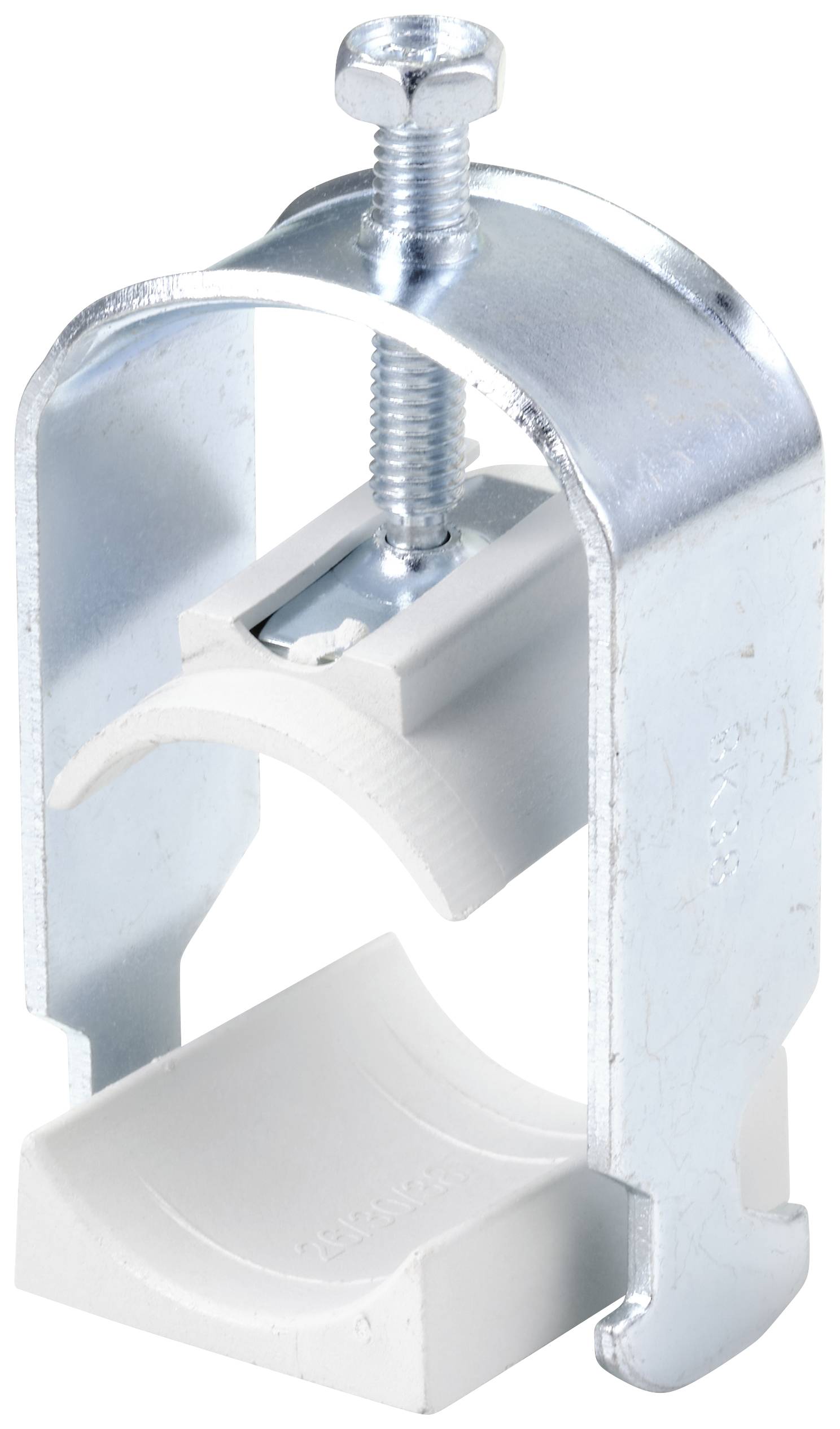 Metallische Rohrschelle mit Schraube zur Befestigung von Rohren an Wänden oder Decken.