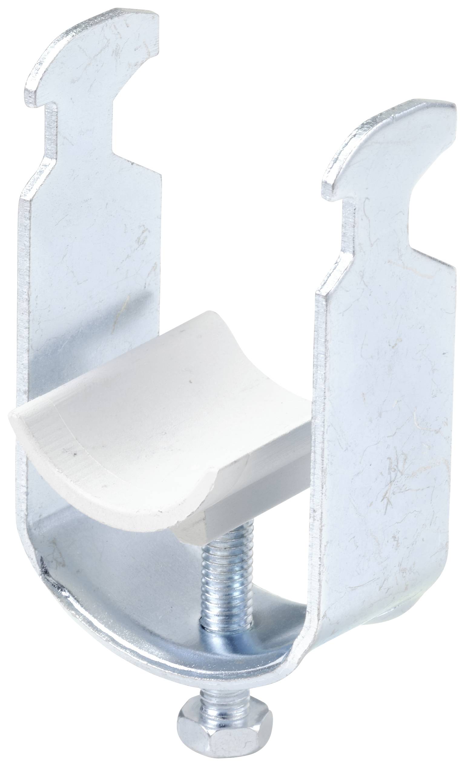 Metallhalterung mit Schraube und Kunststoffklemme zur Befestigung von Rohren.