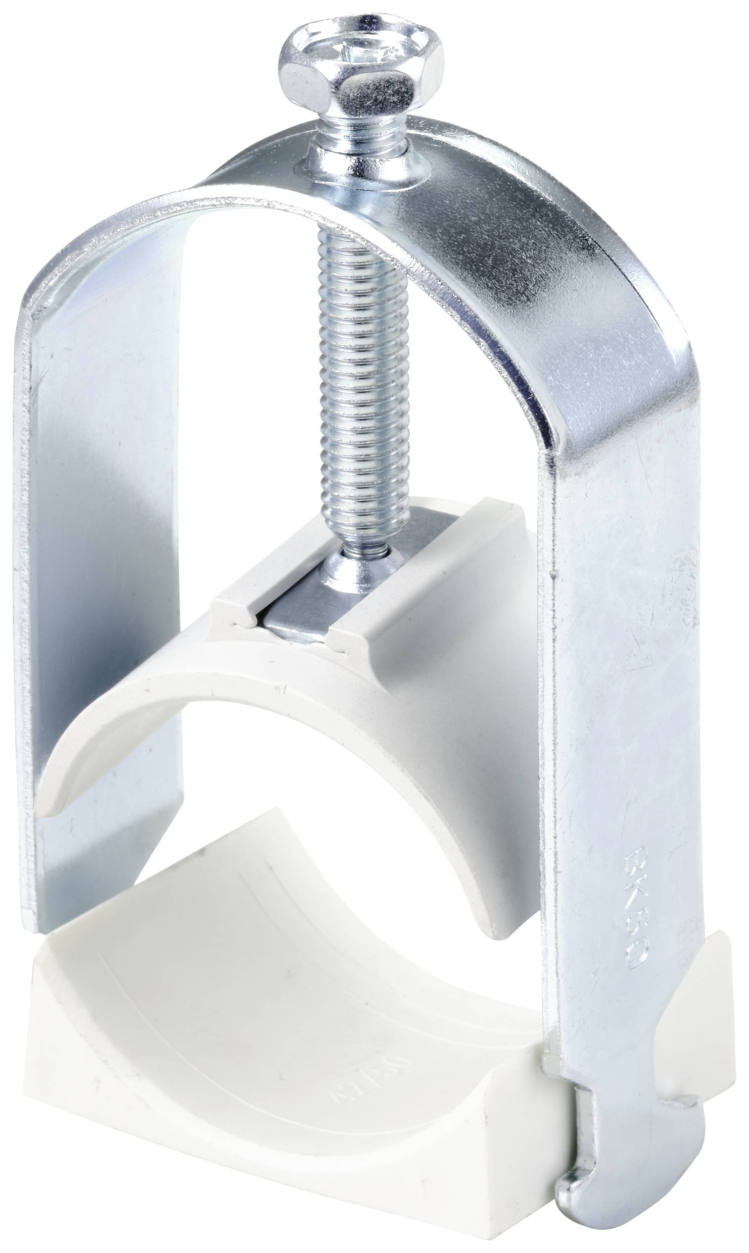 Ein Rohrschellenhalter, bestehend aus einer Metallklammer mit Schraube und einer kunststoffbeschichteten Halterung zum sicheren Fixieren von Rohren.